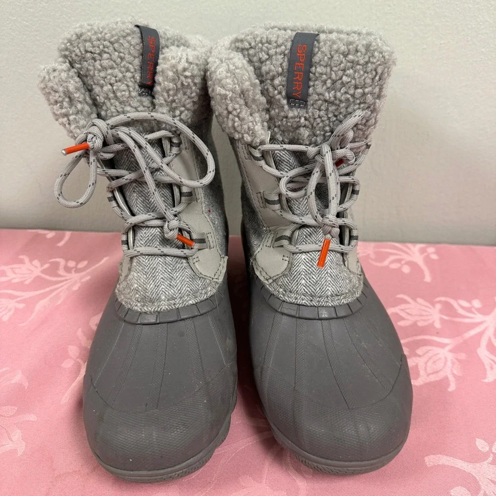 Sperry Saltwater Grey Herringbone Wool Faux Fur Duck Boots STS87696 Womens 7‎